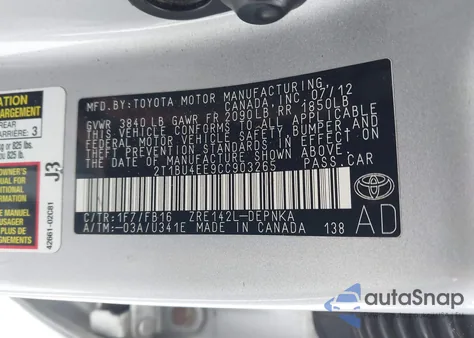 2012 Toyota Corolla Le from USA, damaged, VIN 2T1BU4EE9CC903265